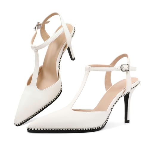 EDEFS Pumps Damen 9 cm Stiletto High Heel Lackleder Spitze Zehe T-Band Slingback Perlen Schuhe für Hochzeit Gala Party & Casual Mattweiß EU35 von EDEFS