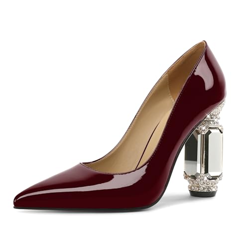 EDEFS Pumps Damen Einfach zu Tragen Lackleder 9 cm Blockabsatz mit Funkelndem Kristall Strass Spitze Zehe Schlupf für Hochzeiten Galas & Alltag Bordeaux EU41 von EDEFS