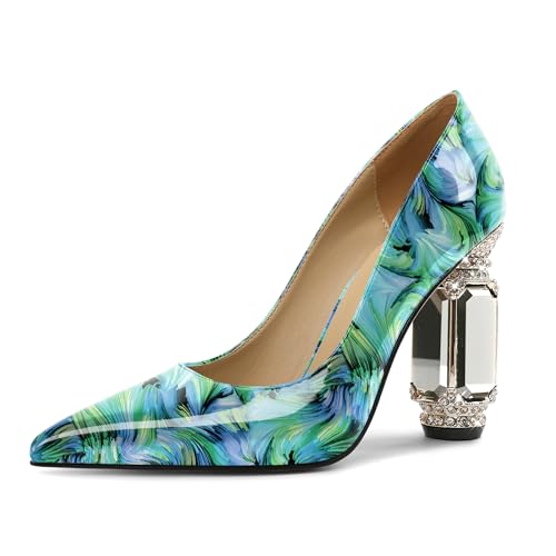 EDEFS Pumps Damen Einfach zu Tragen Lackleder 9 cm Blockabsatz mit Funkelndem Kristall Strass Spitze Zehe Schlupf für Hochzeiten Galas & Alltag Floral Grün EU41 von EDEFS