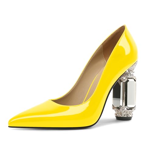 EDEFS Pumps Damen Einfach zu Tragen Lackleder 9 cm Blockabsatz mit Funkelndem Kristall Strass Spitze Zehe Schlupf für Hochzeiten Galas & Alltag Gelb EU41 von EDEFS