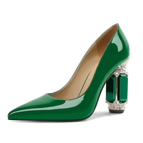 EDEFS Pumps Damen Einfach zu Tragen Lackleder 9 cm Blockabsatz mit Funkelndem Kristall Strass Spitze Zehe Schlupf für Hochzeiten Galas & Alltag Grün EU41 von EDEFS