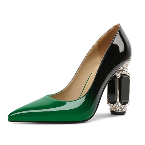 EDEFS Pumps Damen Einfach zu Tragen Lackleder 9 cm Blockabsatz mit Funkelndem Kristall Strass Spitze Zehe Schlupf für Hochzeiten Galas & Alltag Grün Schwarz EU41 von EDEFS
