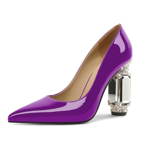 EDEFS Pumps Damen Einfach zu Tragen Lackleder 9 cm Blockabsatz mit Funkelndem Kristall Strass Spitze Zehe Schlupf für Hochzeiten Galas & Alltag Lila EU41 von EDEFS