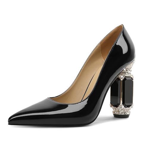 EDEFS Pumps Damen Einfach zu Tragen Lackleder 9 cm Blockabsatz mit Funkelndem Kristall Strass Spitze Zehe Schlupf für Hochzeiten Galas & Alltag Schwarz EU41 von EDEFS
