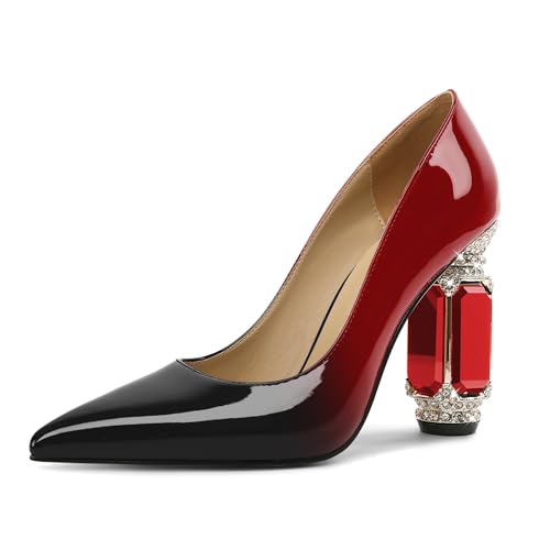 EDEFS Pumps Damen Einfach zu Tragen Lackleder 9 cm Blockabsatz mit Funkelndem Kristall Strass Spitze Zehe Schlupf für Hochzeiten Galas & Alltag Schwarz Rot EU41 von EDEFS