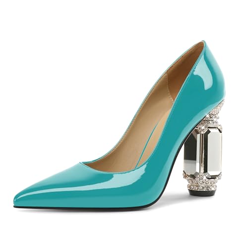 EDEFS Pumps Damen Einfach zu Tragen Lackleder 9 cm Blockabsatz mit Funkelndem Kristall Strass Spitze Zehe Schlupf für Hochzeiten Galas & Alltag Türkis EU41 von EDEFS