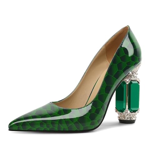 EDEFS Pumps Damen Eventtauglich Lackleder 9 cm Blockabsatz Funkelnde Kristall Strass Akzente Spitze Zehe Schlupf für Hochzeiten Galas & Rote Teppich Glänzend Grün EU44 von EDEFS