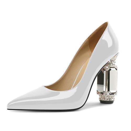EDEFS Pumps Damen Glamourös Lackleder 9 cm Blockabsatz Funkelnde Kristall Strass Akzente Spitze Zehe Schlupf für Hochzeiten & Galas Weiß EU38 von EDEFS
