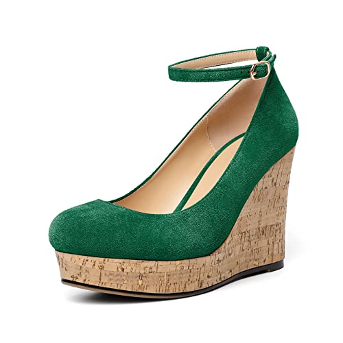 EDEFS Pumps Damen Keilabsatz Plattform Knöchelriemen Schnalle Runde Zehenkappe Sexy Komfort Frauen Pumps Verde EU38 von EDEFS