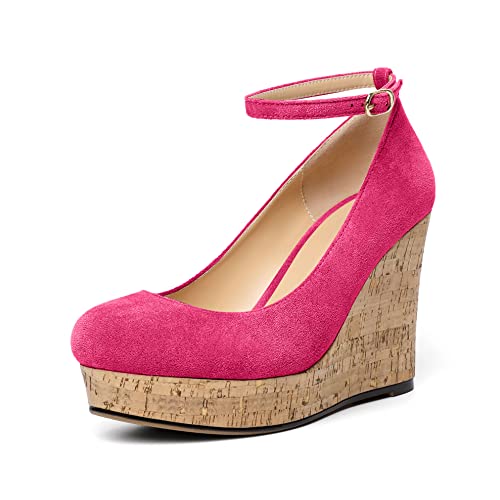 EDEFS Pumps Damen Knöchelriemen Keilabsatz Plattform Sexy Runde Zehenkappe Damen Pumps Schnalle Rosa Caldo EU45 von EDEFS