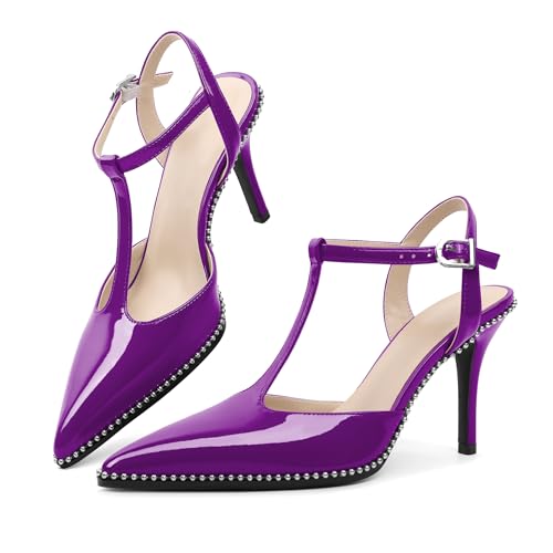 EDEFS Pumps Damen Lackleder T-Band Slingback Spitze Zehe Stiletto Absätze 9 cm Perlen High Heel für Hochzeit Gala Party & Casual Lila EU42 von EDEFS