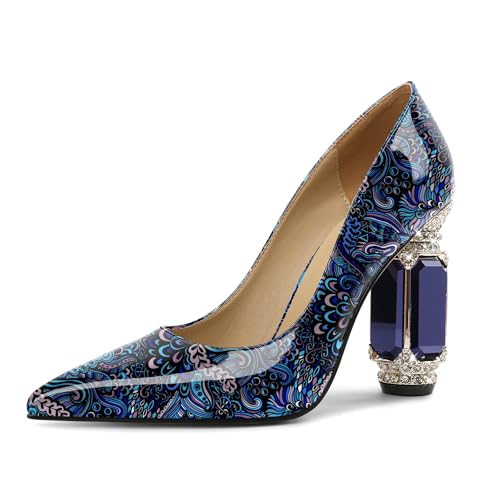 EDEFS Pumps Damen Luxuriös Lackleder 9 cm Blockabsatz Kristall Strass Details Spitze Zehe Schlupf für Hochzeiten & Galas Blume Blau EU42 von EDEFS