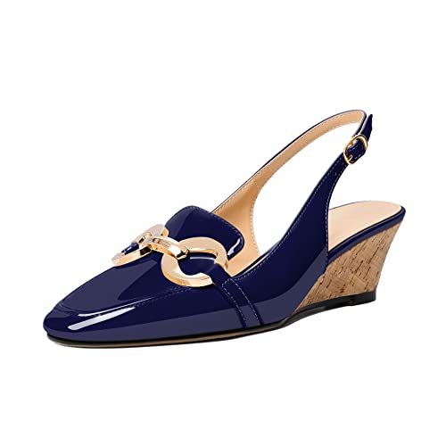 EDEFS Pumps Damen Metallkette Slingback Keilabsatz Eckige Zehenkappe Knöchelschnalle Mode Komfort Schuhe Marine EU36 von EDEFS