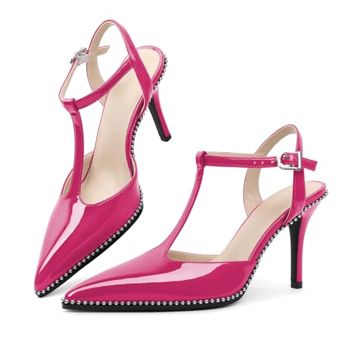 EDEFS Pumps Damen Perlen Lackleder Spitze Zehe T-Band Slingback Stiletto Absätze 9 cm High Heel für Hochzeit Gala Party Casual Heißes Rosa EU36 von EDEFS