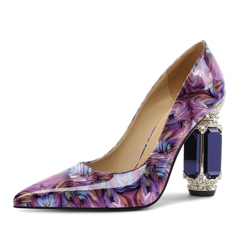 EDEFS Pumps Damen Schick Lackleder 9 cm Blockabsatz mit Funkelndem Kristall Strass Spitze Zehe Schlupf Perfekt für Hochzeiten Galas & Rote Teppiche Floral Lila EU43 von EDEFS