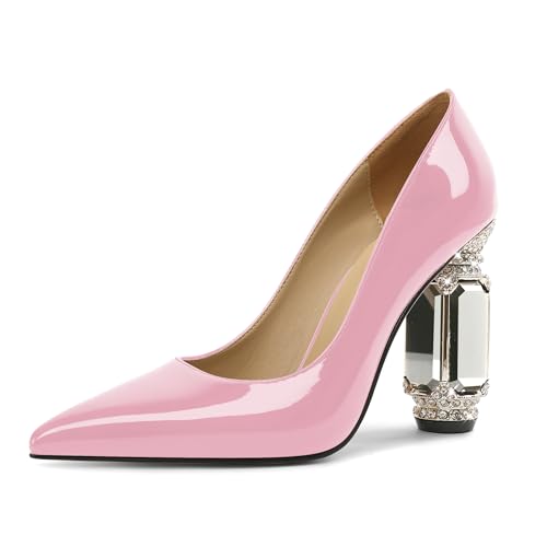 EDEFS Pumps Damen Schick Lackleder 9 cm Blockabsatz mit Funkelndem Kristall Strass Spitze Zehe Schlupf Perfekt für Hochzeiten Galas & Rote Teppiche Rosa EU43 von EDEFS