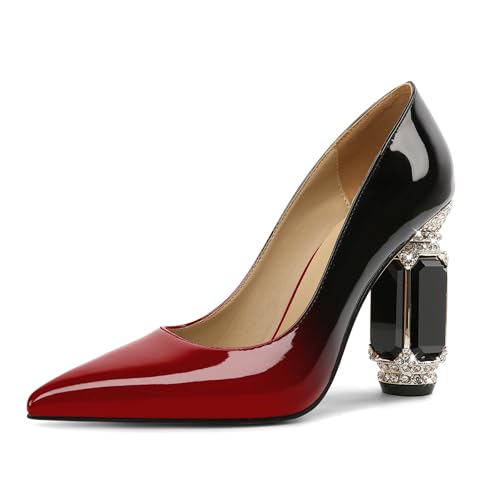 EDEFS Pumps Damen Schick Lackleder 9 cm Blockabsatz mit Funkelndem Kristall Strass Spitze Zehe Schlupf Perfekt für Hochzeiten Galas & Rote Teppiche Rot Schwarz EU43 von EDEFS