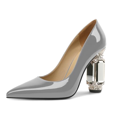 EDEFS Pumps Damen Schlupf Lackleder 9 cm Blockabsatz mit Funkelndem Kristall Strass Spitze Zehe Perfekt für Hochzeiten Galas & Rote Teppich Grau EU35 von EDEFS