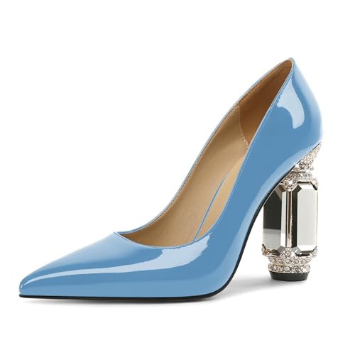 EDEFS Pumps Damen Schlupf Lackleder 9 cm Blockabsatz mit Funkelndem Kristall Strass Spitze Zehe Perfekt für Hochzeiten Galas & Rote Teppich Hellblau EU35 von EDEFS