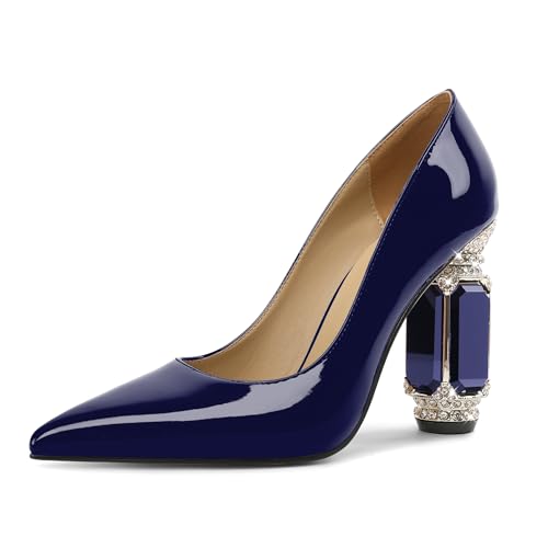 EDEFS Pumps Damen Schlupf Lackleder 9 cm Blockabsatz mit Funkelndem Kristall Strass Spitze Zehe Perfekt für Hochzeiten Galas & Rote Teppich Marineblau EU35 von EDEFS