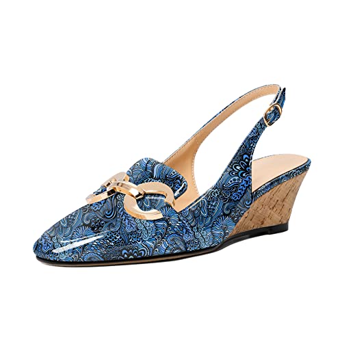 EDEFS Pumps Damen Slingback Metallkette Eckige Zehenkappe Keilabsatz mit Knöchelschnalle Komfort Mode Schuhe Blume Blau EU39 von EDEFS