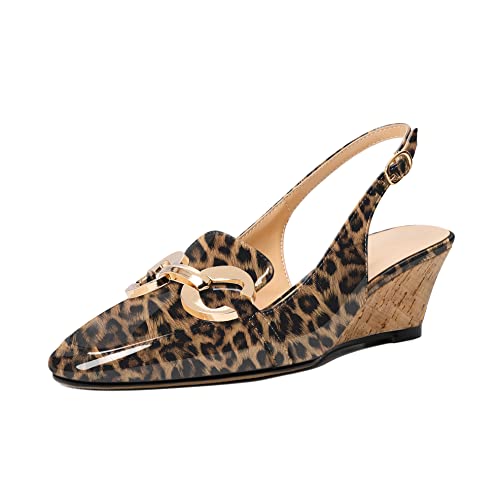 EDEFS Pumps Damen Slingback Metallkette Eckige Zehenkappe Keilabsatz mit Knöchelschnalle Komfort Mode Schuhe Leopard EU35 von EDEFS