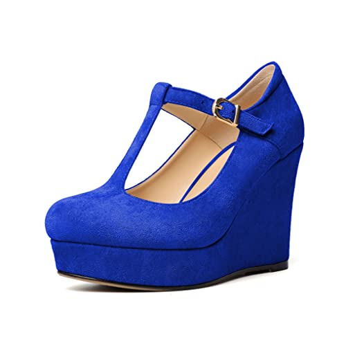 EDEFS Pumps Damen T-Strap Plattform Keilabsätze Schnalle Runde Zehenkappe Sexy Komfort Damen Pumps Royal Blau EU37 von EDEFS