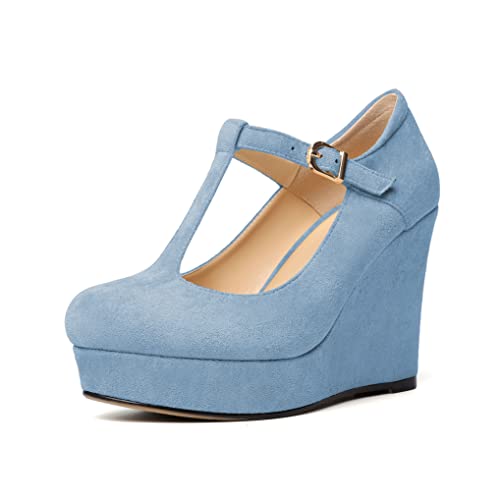 EDEFS Pumps Damen T-Strap Plattform Schnalle Runde Zehenkappe Keilabsätze Sexy Komfort Damen Pumps Hellblau EU40 von EDEFS