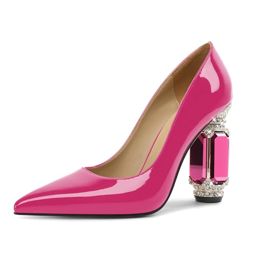 EDEFS Pumps Damen Vielseitig Lackleder 9 cm Blockabsatz mit Kristall Strass Spitze Zehe Schlupf Ideal für Hochzeiten Galas & Rote Teppich Heißes Rosa EU39 von EDEFS