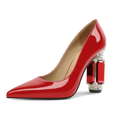 EDEFS Pumps Damen Vielseitig Lackleder 9 cm Blockabsatz mit Kristall Strass Spitze Zehe Schlupf Ideal für Hochzeiten Galas & Rote Teppich Rot EU39 von EDEFS