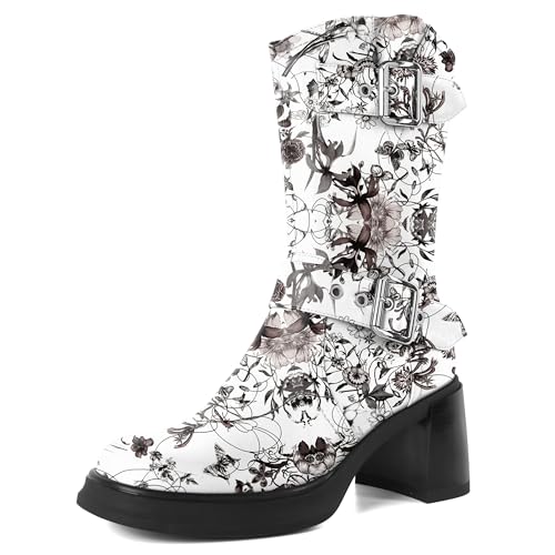 EDEFS Runde Zehe Stiefeletten Frauen Schnalle Dekoration 1 Inch Plateau und 2.8 Inch Blockabsatz Reißverschluss Blumentinte EU38 von EDEFS