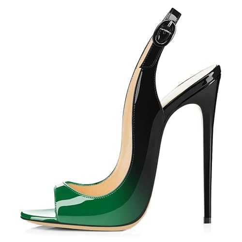 EDEFS Sandalen für Frauen Klassischer Stilettoabsatz 4,7" Offene Zehe Runder Zeh Akzent Verstellbarer Schnallenverschluss Unverzichtbar für Modepartys Grün Schwarz EU38 von EDEFS