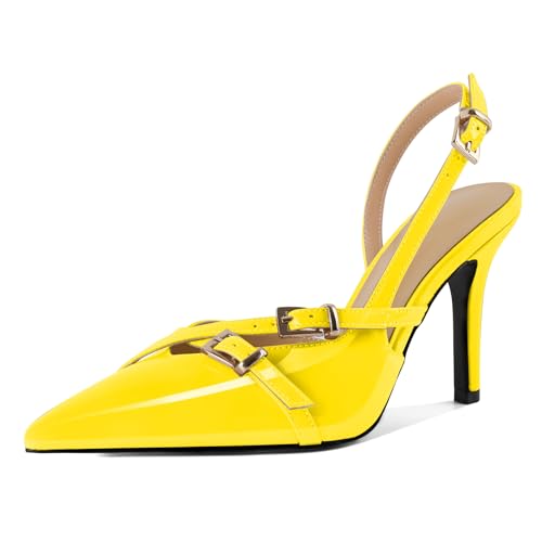EDEFS Schnallenverzierter Slingback Pumps Damen 9 cm Stilettoabsatz in Lackleder mit Spitzenschuh für Hochzeits Eleganz und Arbeits Vielseitigkeit Gelb EU37 von EDEFS