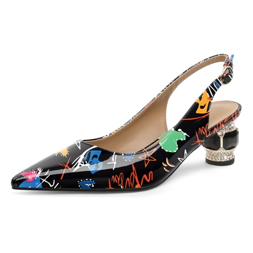 EDEFS Slingback Pumps Damen Bequem 5 cm Niedriger Blockabsatz Lackleder Spitze Zehe mit Kristall Strass für Hochzeiten Gala Rote Teppich & Täglichen Gebrauch Graffiti EU40 von EDEFS