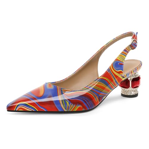 EDEFS Slingback Pumps Damen Bequem 5 cm Niedriger Blockabsatz Lackleder Spitze Zehe mit Kristall Strass für Hochzeiten Gala Rote Teppich & Täglichen Gebrauch Heatmap EU40 von EDEFS