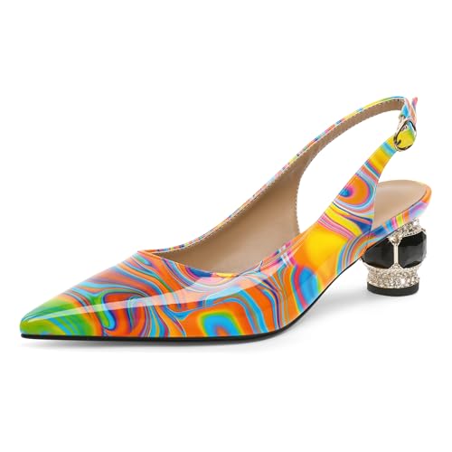 EDEFS Slingback Pumps Damen Bequem 5 cm Niedriger Blockabsatz Lackleder Spitze Zehe mit Kristall Strass für Hochzeiten Gala Rote Teppich & Täglichen Gebrauch Multicolor Wärme EU40 von EDEFS