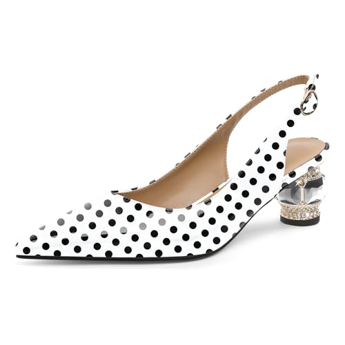 EDEFS Slingback Pumps Damen Bequem 5 cm Niedriger Blockabsatz Lackleder Spitze Zehe mit Kristall Strass für Hochzeiten Gala Rote Teppich & Täglichen Gebrauch Polka Dot EU40 von EDEFS