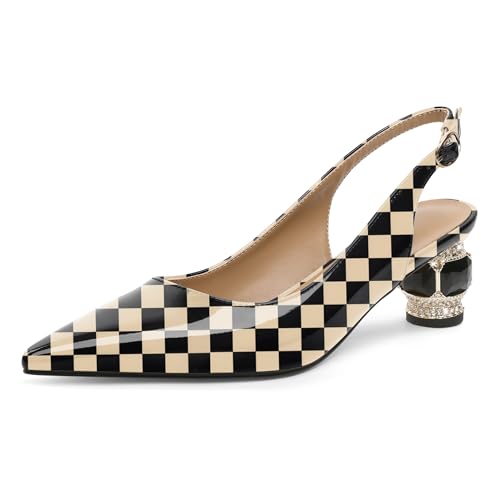 EDEFS Slingback Pumps Damen Lackleder 5 cm Niedriger Blockabsatz Spitze Zehe mit Kristall Strass für Hochzeiten Gala Rote Teppich & Alltagsvielseitigkeit Kariert Beige EU41 von EDEFS