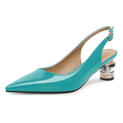 EDEFS Slingback Pumps Damen Lackleder 5 cm Niedriger Blockabsatz Spitze Zehe mit Kristall Strass für Hochzeiten Gala Rote Teppich & Alltagsvielseitigkeit Türkis EU41 von EDEFS