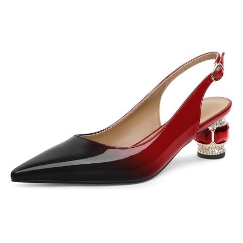 EDEFS Slingback Pumps Damen Niedriger Absatz 5 cm Blockabsatz Lackleder Spitze Zehe mit Kristall Strass für Hochzeiten Gala Rote Teppich & Täglicher Stil Schwarz Rot EU42 von EDEFS
