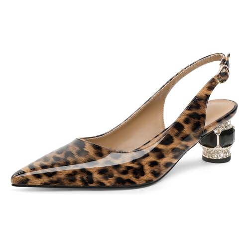 EDEFS Slingback Pumps Damen Vielseitig 5 cm Niedriger Blockabsatz Lackleder Spitze Zehe mit Kristall Strass für Hochzeiten Gala Rote Teppich & Alltagstragen Leopard EU38 von EDEFS