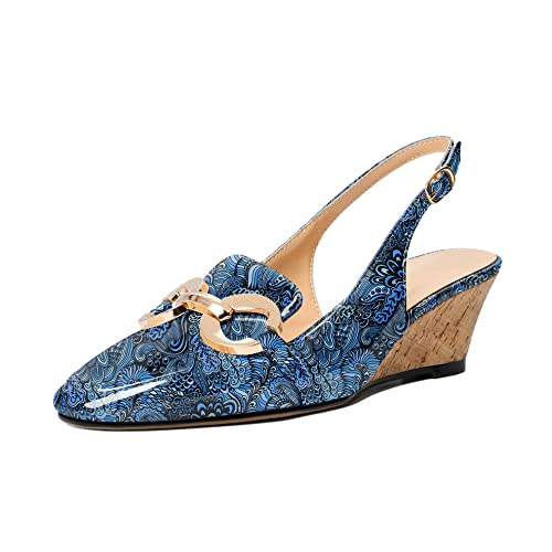 EDEFS Slingback Pumps Damen mit Knöchelschnalle Metallkette Eckige Zehenkappe Mode Komfort Keilabsatz Schuhe Blume Blau EU38 von EDEFS