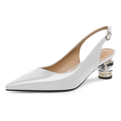 EDEFS Slingback Pumps Damen mit Kristall Strass 5 cm Niedriger Blockabsatz Lackleder Spitze Zehe für Hochzeiten Gala Rote Teppich & Alltagseleganz Weiß EU39 von EDEFS