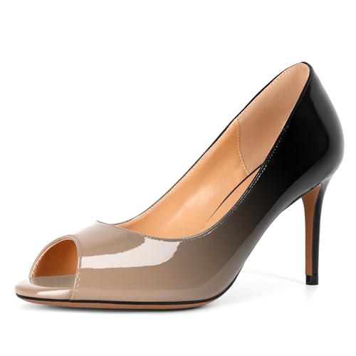 EDEFS Slip On Pumps für Damen 3 Inches Stiletto Heel Peep Toe Patent Leder Shine Ideal Match für Hochzeit Braut Mode Parteien & Versammlungen Beige Schwarz EU43 von EDEFS