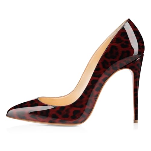 EDEFS Slip On Pumps für Frauen Klassischer Stiletto Absatz 4" Geschlossene Zehe Spitze Zehe Form Modische Wahl für Partys & Sexy Events Leopard Rot EU38 von EDEFS
