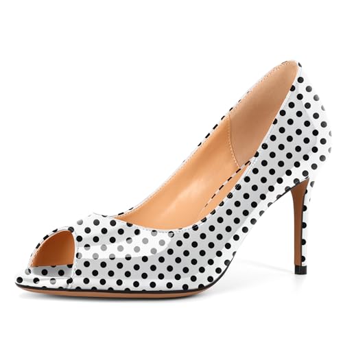 EDEFS Slip On Pumps für Frauen Stiletto Heel & Peep Toe 3 Inches High Patent Leder Finish Ideal für Hochzeit Braut & Stylish Party Wear Polka Dot EU36 von EDEFS