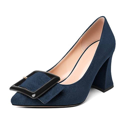 EDEFS Slip on mit Chunky Absatz für Damen Block Heel High Heels Spitzen Zehen Pumps Bequem Schuhe für Arbeit Wildleder Dunkelblau EU39 von EDEFS