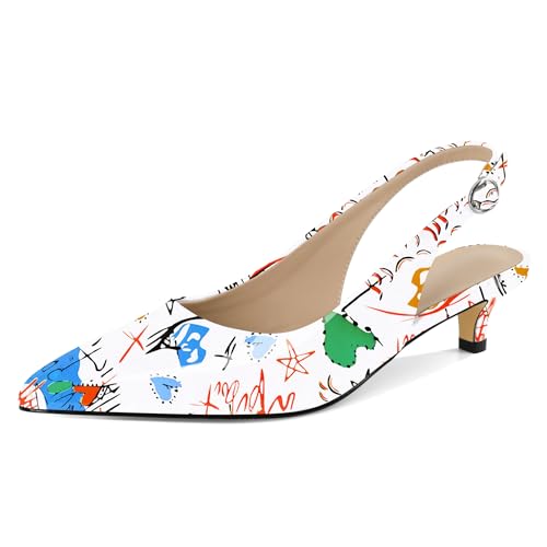 EDEFS Spitze Damen Slingback Pumps mit Schnallenverschluss und 1.6 Inch Kitten Heel Graffiti Weiß EU39 von EDEFS
