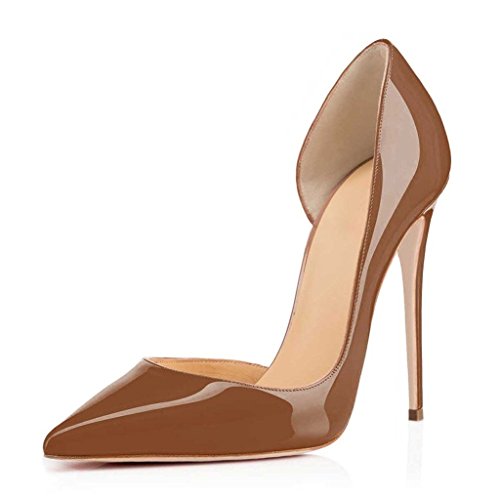 EDEFS Spitze Zehe Damen Pumps,Bequeme Lack Stilettos,12cm Elegante High Heels Chocolate Größe EU39 von EDEFS