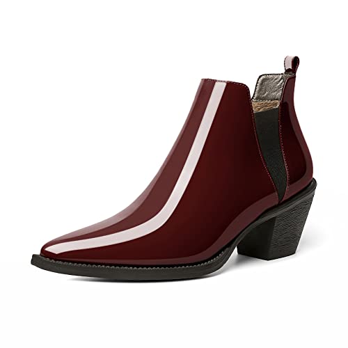 EDEFS Stiefel Damen Cutout Boots Pull On Spitze Zehenkappe Blockabsatz Chunky Winter Damen Stiefel Burgundy EU40 von EDEFS